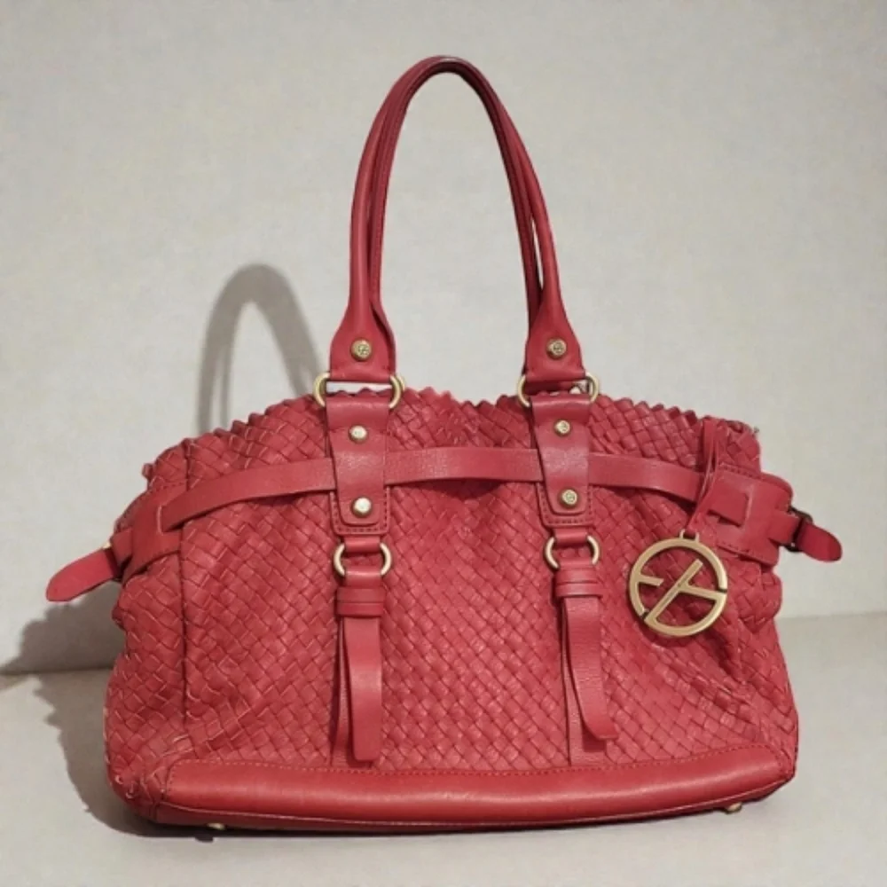 Francesco Biasia Red Woven Leather Tote Bag - Picture 3 of 13